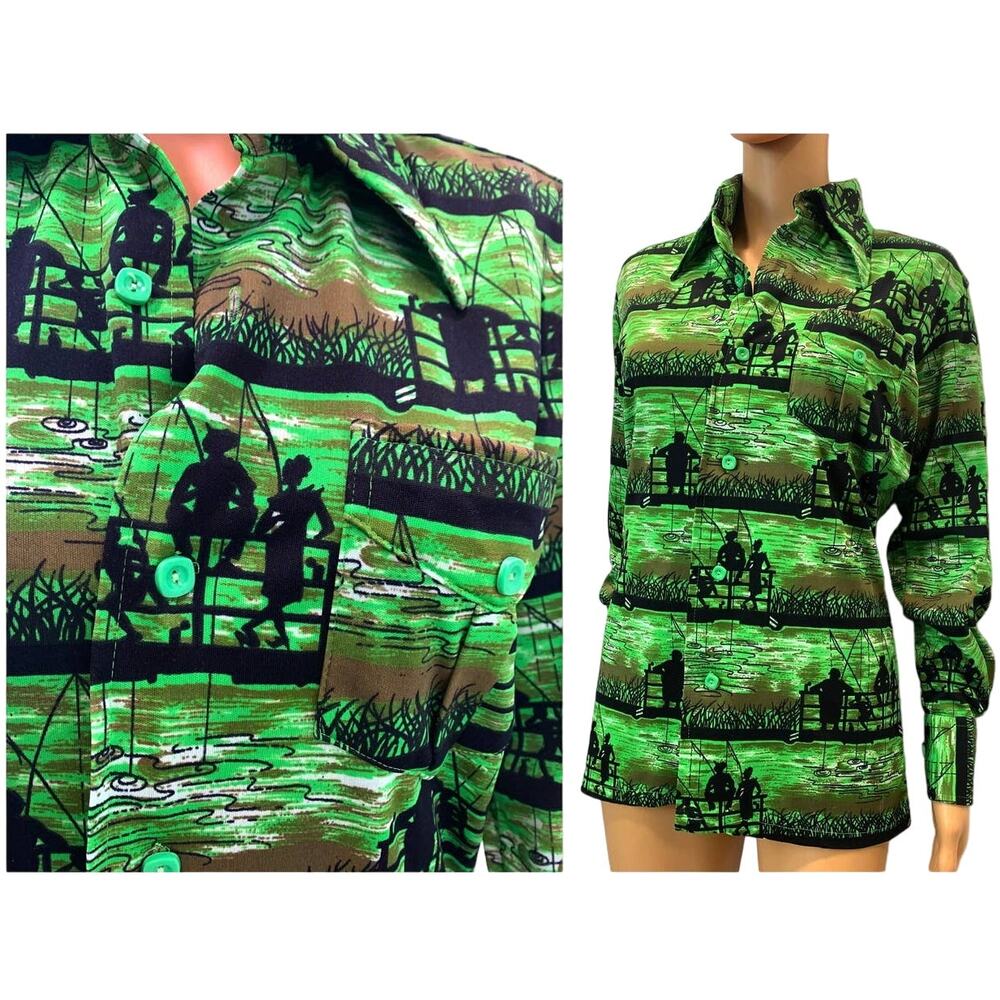 70s Green Novelty Fishing Print Polyester Shirt | XS/S